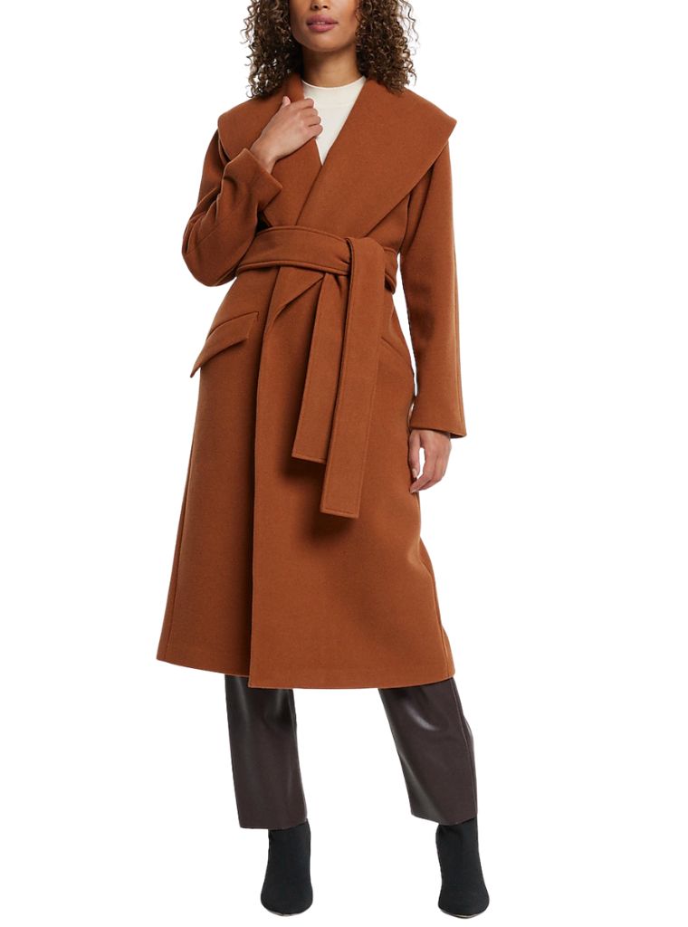 Women's Wide Collar Wrap Coat - Short-Length - Camel Small / Camel