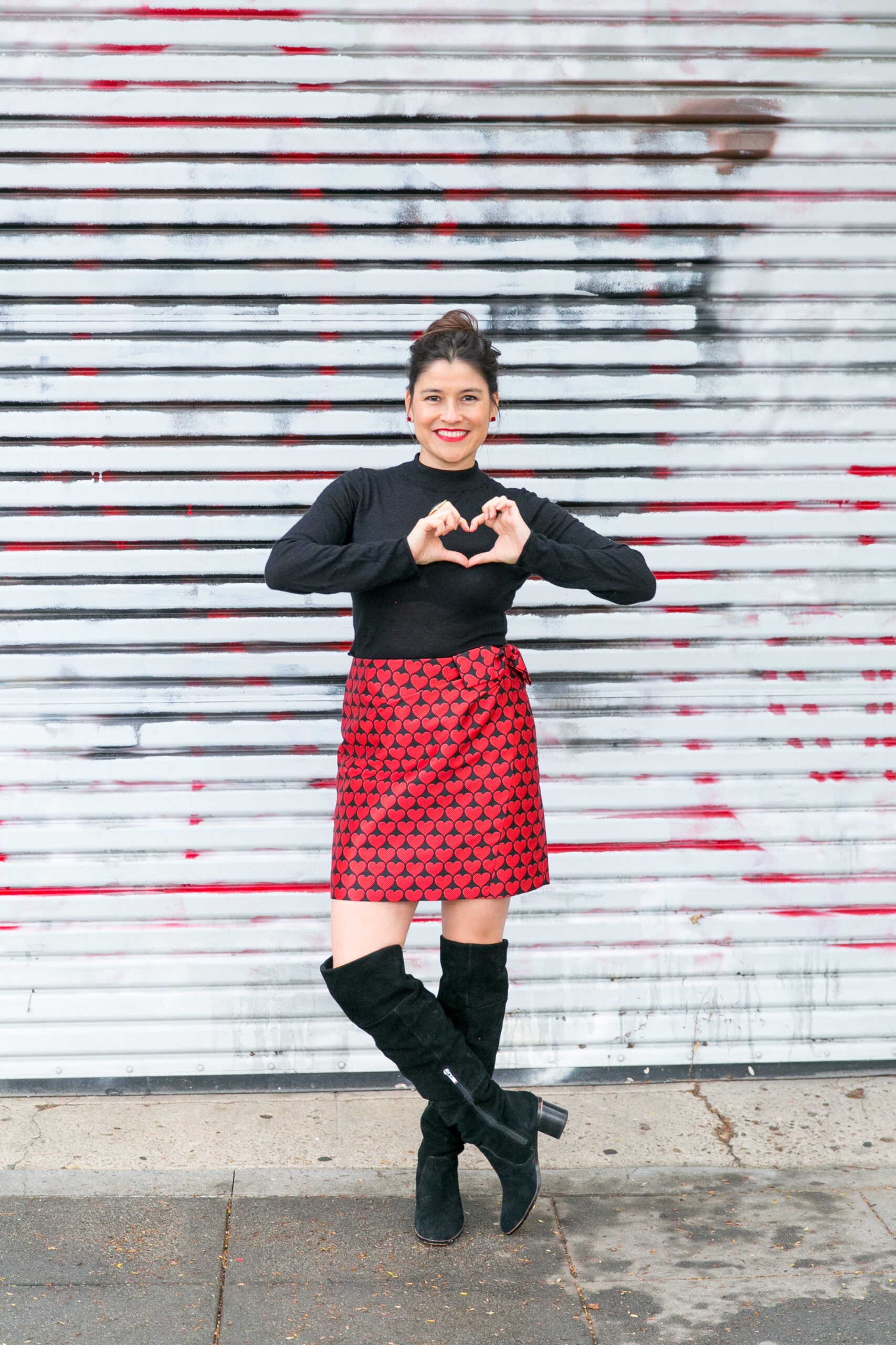 valentines outfit idea: heart printed skirt