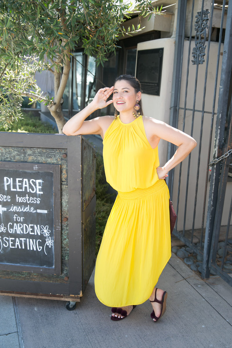 burgundy and yellow dress