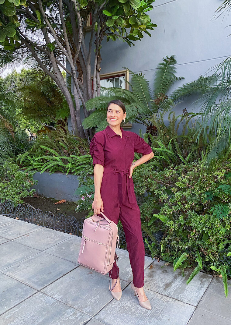 burgundy joie jumpsuit and ally shoes
