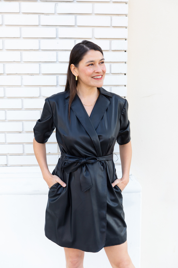 how to wear a faux leather wrap dress