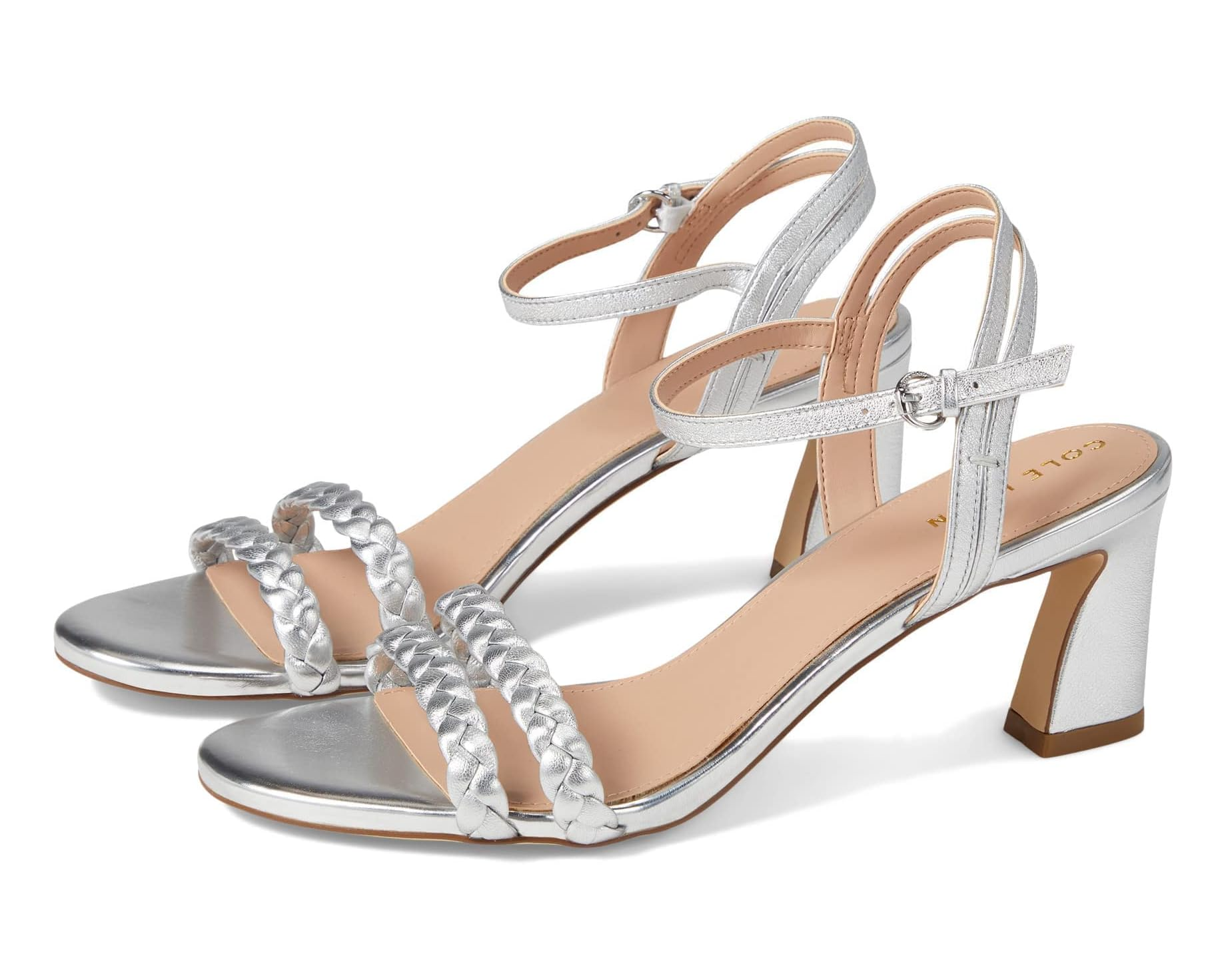 silver metallic strappy heels