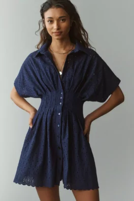 Exquise Mini Summer Dress in Navy Blue Eyelet