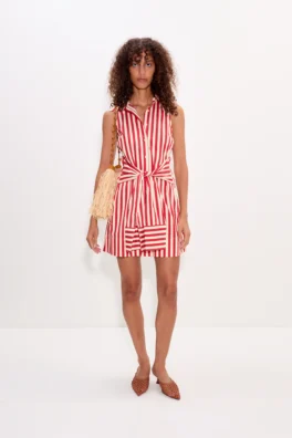 Short Summer Red Striped Shirt Dress