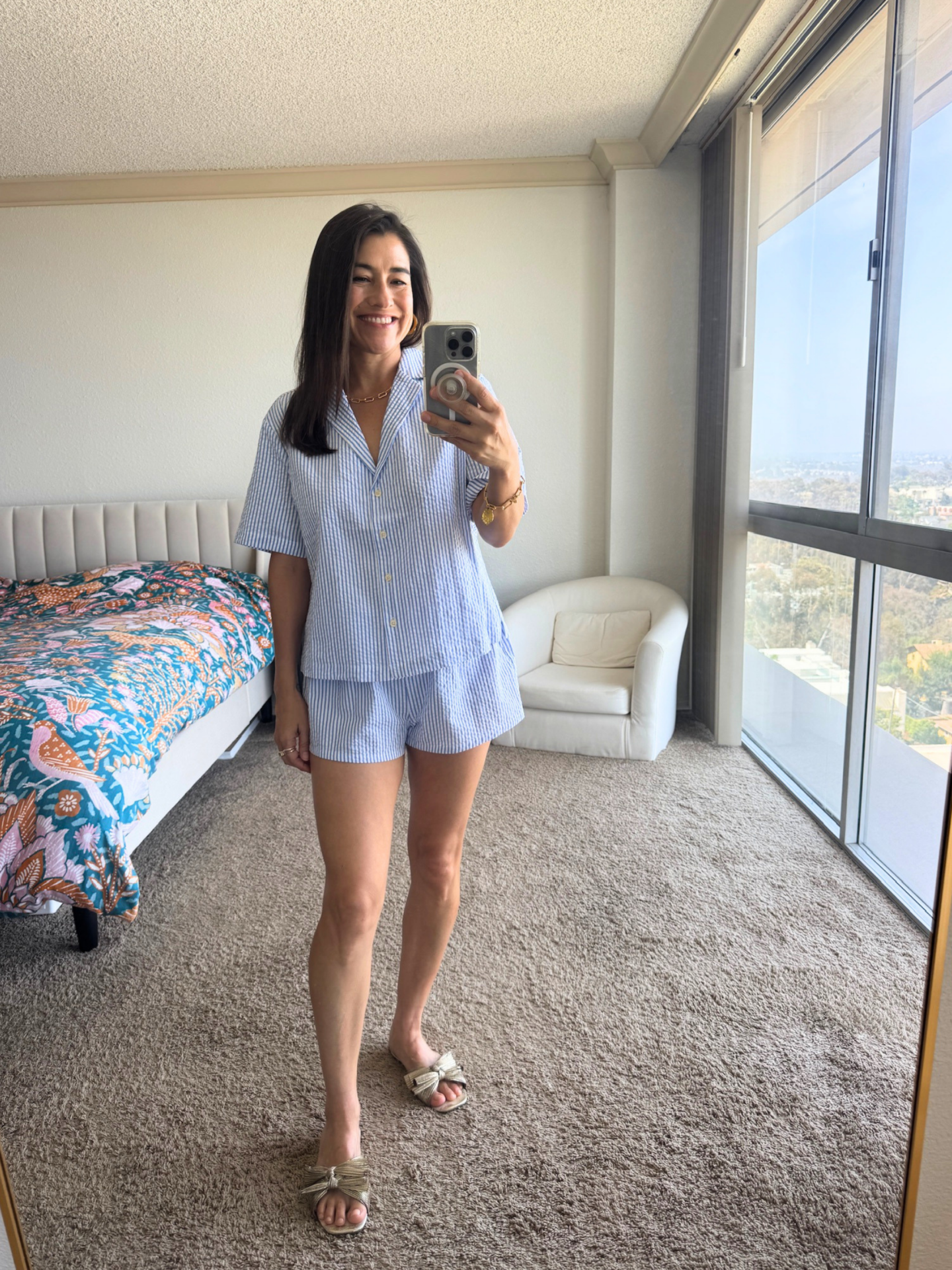 Good American blue and white searsucker summer short set